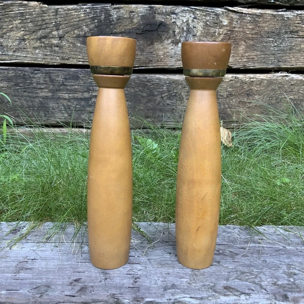 Vintage Mid Century Modern Tapered Wood Salt And Pepper‎ Shaker Set Japan 10.5